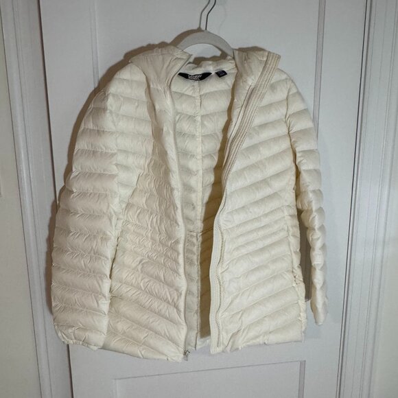 Land's End "Wanderweight" packable long hooded down jacket, ivory, Size PL - Picture 1 of 12